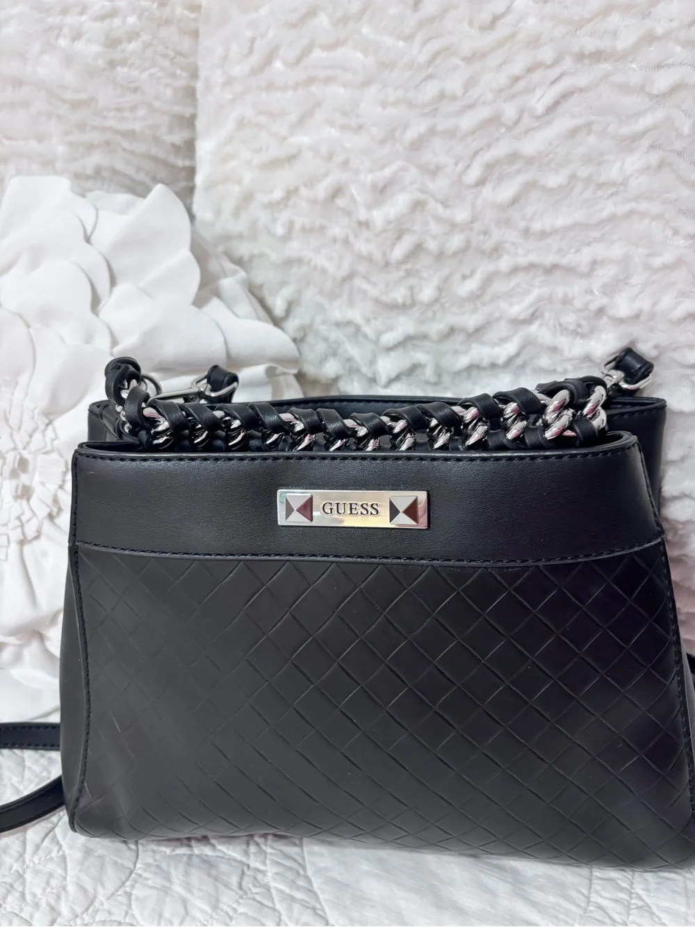 GUESS Black Woven Crossbody Shoulder Bag Silver Chain